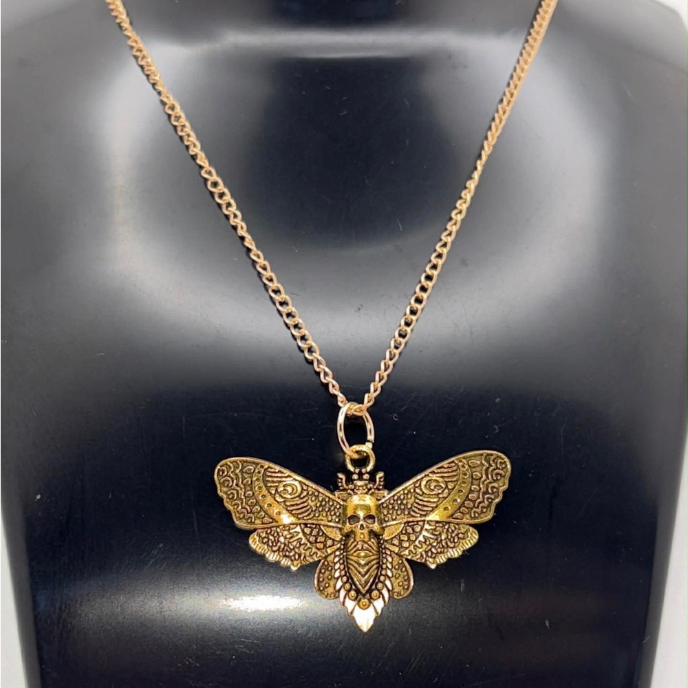 Gold Tone Death’s Head Moth Necklace | Gothic Skull Moth Pendant | 15” Chain - Picture 1 of 1